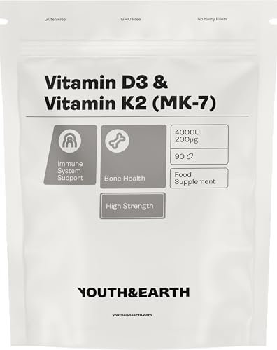 Youth & Earth Vitamina D3 4000 UI + K2 200 mcg - Vitamina d3 y k2 Para Apoyo Inmunológico y Regulación Del Calcio - Mejora la Salud ósea - d3 k2 (90 cápsulas blandas suministro para 3 meses)