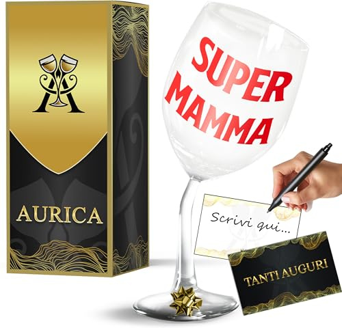 Aurìca Calice Vino Personalizzato SUPER MAMMA – Bicchiere Piegato Per Dire Grazie Con Un Brindisi - Regalo Elegante Per Festa Della Mamma E Compleanno Con Confezione Regalo Inclusa