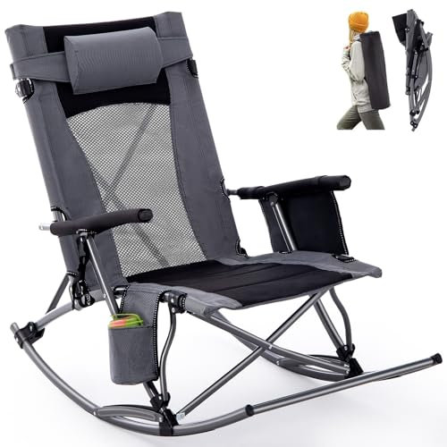Rotinyard Mecedora plegable de gran tamaño para exteriores, silla mecedora portátil con reposabrazos duro para adultos, mecedora plegable resistente para exteriores, patio, césped, soporta hasta 400