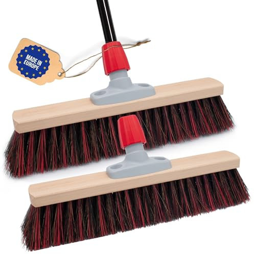 Novaliv 2 escobas de calle de 40 cm con mango exterior, cerdas de arenga-elaston, ideal como escoba exterior, cepillo de jardín, cerdas duras con mango, escoba de establo, escoba industrial, para