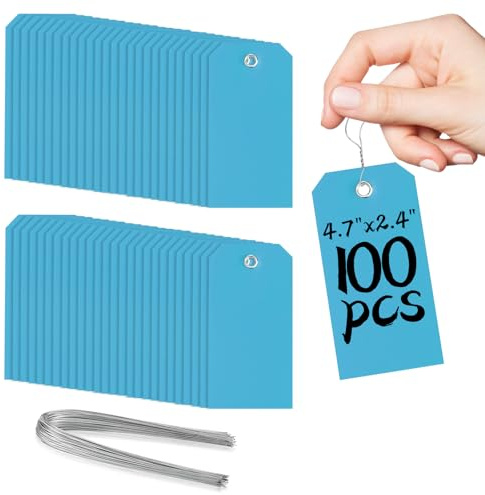 100 Plastic Shipping Tags with Wire - Waterproof, Reinforcement Hole, Durable Labels for Equipment Parts (Baby Blue, 4 3/4 x 2 3/8)