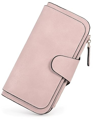 UTO Druckknopf Geldbörse Damen Gross Leder mit RFID Schutz Viele Fächer Portemonnaie Kunstleder Kartenfächer Münzfach Geldbeutel mit Reißverschluss Portmonee Gescheck für Frauen Rosa