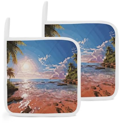 2PCS Pot Holders with Pocket Heat Resistant Hot Pads for Countertops Oven Potholders Summer Beach with Palm Trees Washable Trivet Hot Pot Holder for Kitchen Cooking Baking 8x8 Inches