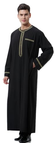 KRUIHAN Caftano Uomo Manica Lunga Abaya Tunica Uomo Nero Jalaba Marocchino Uomo Vestito Musulmano Uomo con Tasche Abbigliamento Islamico,L