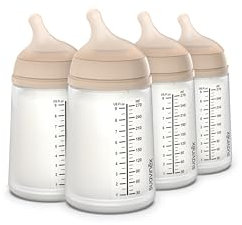 Suavinex, confezione 4 biberon anticolica Zero Zero 270 ml tettina flusso medio (M) in silicone, latte materno, latte artificiale, liquidi a media densità, compatibile con allattamento al seno, Light