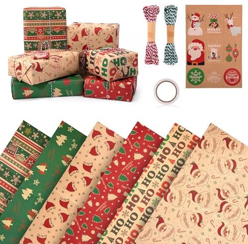 Weihnachten Geschenkpapier 6 Blatt Kraftpapier Geschenkpapier Weihnachtspapier Set mit Tags und Papierseilen für Geschenke Party Deko