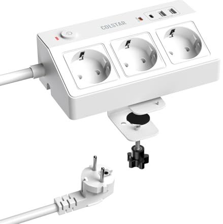 COLSTAR 3-Fach Steckdosenleiste mit USB-C PD 20W und Tischklemme | 3 Steckdosen, 2 USB-A und USB-C PD 20W, Tischklemme bis 4,5 cm, 1,8 m Kabel, 16 A/4000 W, Überspannungsschutz