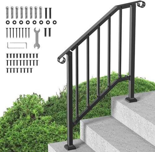 VEVOR Handrails for Outdoor Steps, 2-3 Step Stair Hand Rail Kit, Transitional Carbon Steel Railings with Installation Kit, Stair Rails for Seniors, Concrete Steps & Porch & Deck, Black Retro Arch