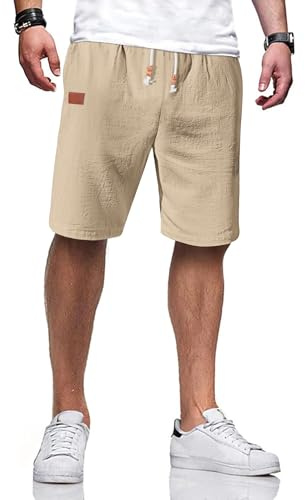 TARAINYA Pantaloncini Lino Uomo Bermuda Uomo in Morbido Cotone e Lino con Cordino Regolabile e Tasche Beige Chiaro L