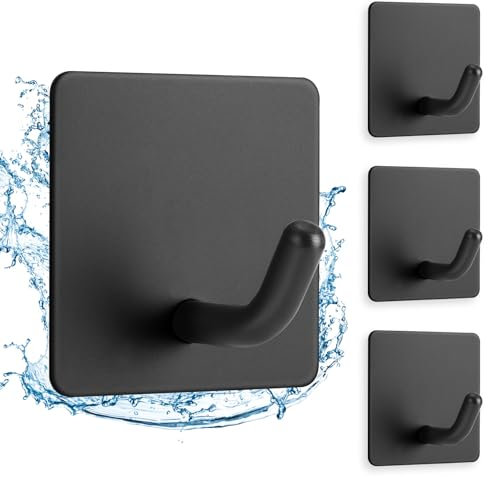 Klebehaken Schwarz Matt 4 Stück - Wasserdicht Haken selbstklebend Wandhaken max. 5kg, Mondoshop Handtuchhaken ohne Bohren Edelstahl Badezimmer Haken für Küche, Bad, Büro, Toilette