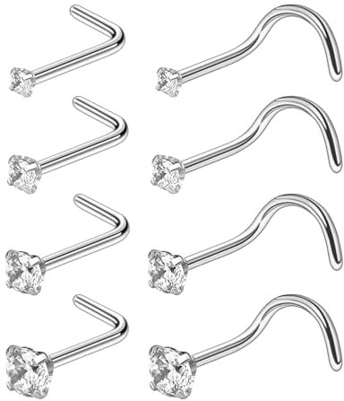 8 Pcs Nose Stud,L Shaped Small Nose Piercing,Thin Stainless Surgical Steel Corkscrew Ring Studs,Flat Piercings Bar Dangly Nose Stuf Diamond Stud Jewelry Set,for Women Men Unisex Tiny Gift (Silver)