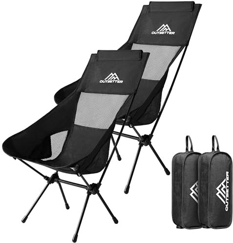 Set of 2 Lightweight Folding Camping Chair Compact Portable Ultralight Fishing Chairs for Adults Kids Small Camp Beach Chair with Carry Bag Outdoor Lawn Hiking Trip Travel Picnic Garden Black Taller