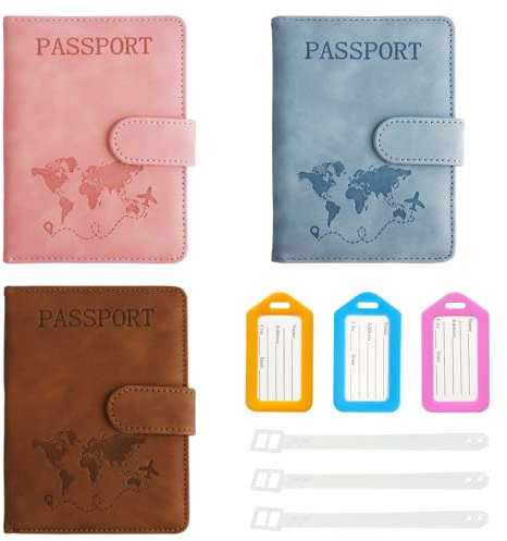 Jiayaus 3 Porta Passaporto e 3 Etichetta Valigia Aereo, Pelle Pu Custodia Passaporto Italiano con Blocco RFID, Porta Documenti per Carte Di Credito, D'Identità e Documenti Di Viaggio