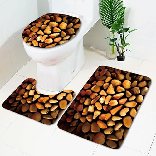 Badezimmerteppich Orange Brown Stone WC Vorleger mit Ausschnitt WC Deckelbezug 3 Teiliges WC Teppich rutschfeste Badgarnitur U förmiger Badematte Waschbar Bad Teppiche Set 45x75 cm