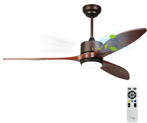 reiga Ventilateur de plafond 132 cm en bois de noyer avec éclairage | moteur DC silencieux, télécommande, fonction minuterie et purificateur d'air intégré avec filtres en charbon de coco