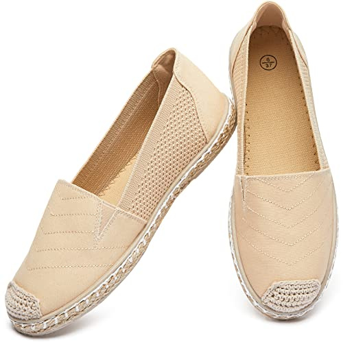 Eydram Women's Flats Shoes,Breathable Black Espadrilles Flats,Black and White Slip on Shoes,Lightweight and Soft(Apricot.US9.5)