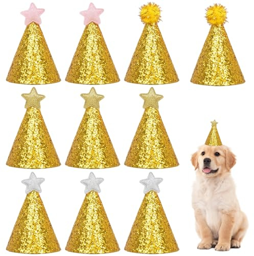 Geburtstagshut für Hunde, 10 Stück Mini-Partyhüte für Stofftiere, bunte Glitzer-Welpen- und Katzenhut mit verstellbarem Riemen für kleine Tiere, Kinder und Plüsch-Teddys (11,5 x 7,5 cm (für Welpen und