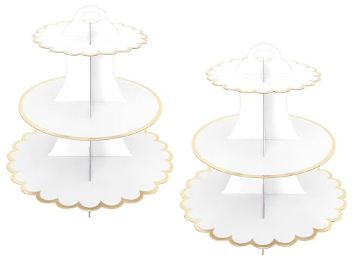 2 Pack Cake Stand 3-Tier Cardboard Cupcake Stand, Cardboard Cake Stands for Afternoon Tea, Dessert Tower for Party, Round Dessert Tower for Birthday, Party, Wedding and Baby Shower (White - 2Pcs)