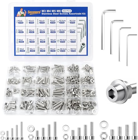 Seconero 352 Pcs Nut and Bolt Sets, M3/M4/M5/M6 Hexagon Socket Head Cap Screws Bolts and Nuts and Washers, Stainless Steel Hex Head Button Mechanical Screws Set, Machine Screws Sets for Repair DIY