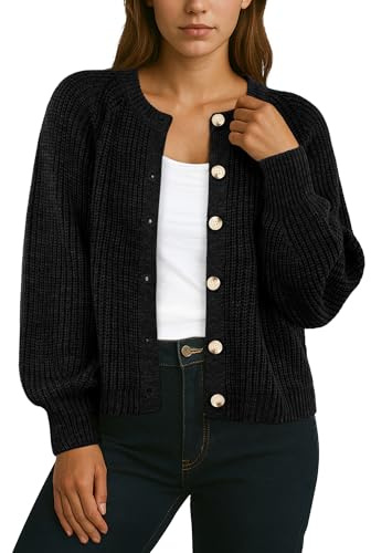 GRECERELLE Cardigans pour femmes à manches longues douces et amples avec col rond en tricot boutonné pour femmes, UK, automne, hiver, printemps, Noir , XL