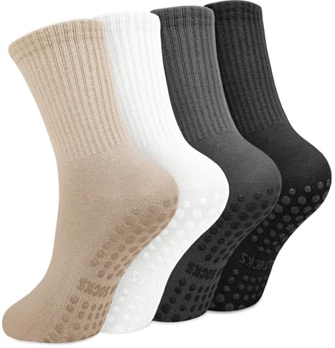 Yikki 4 Paar Pilates Grip Socken Damen, Rutschfeste weiche Reformer-Yoga Socken für Tanz, Fitness, Fitnessstudio, Ballett, Trampolin, Heim- und Krankenhaus, Einheitsgröße