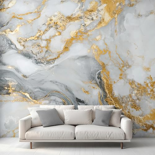 White and Gold Marble Wallpaper - Modern Abstract Marble Wall Mural 375x250 cm (W x H), Non-Woven Photo Wallpaper Mural for Bedroom, Living Room, Hallway, Home Decor Y&W24