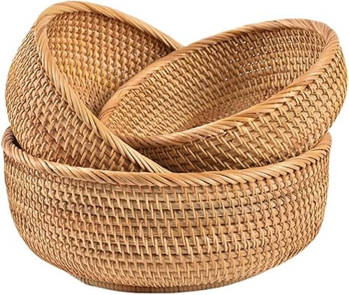 Rattan Fruit Baskets Set of 3, Hand Woven Bread Basket, 20 22 26 cm Wicker Serving Basket Bowl, Decorative Baskets for Kitchen Counter Organizing (Round)
