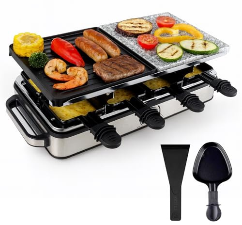 Set raclette pour 8 personnes avec plaque en pierre chaude avec poêles et grattoir - Inoxydable et réglable (carré)