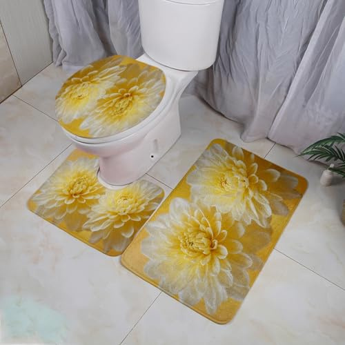 Badezimmerteppich Set 3 Teilig Gelbe Elegante Blume WC Teppich Schnell Trocknend Badvorleger rutschfest Badgarnitur 3 Teilig Stand WC Waschbar Bad Teppiche Set Dekoration 50x80 cm