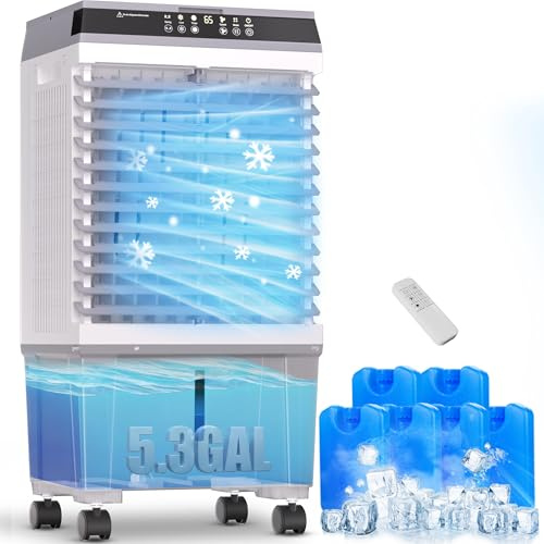 YEW 32 Swamp Cooler Air Conditioner,1800 CFM Portable Evaporative Air Cooler,Cooling Fan for Room Garage Patio,5.3 Gal Water Tank,3 Speeds,6 Ice Boxes,12H Timer,Remote,Grey