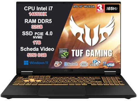 ASUS TUF Gaming F16 Intel i7-14650HX, RTX 5050 8GB GDDR7, 32GB DDR5, SSD 1TB (2x512GB), Display 16 WUXGA IPS 165Hz G-SYNC Anti-Glare, Thunderbolt 4, HDMI 2.1, Wi-fi 6E, Windows 11, 36 Mesi Garanzia
