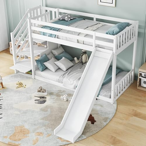 CelticHearth Bunk Bed with Stairs and Slide, Solid Pine Wood Frame, White, 244.5x229x125cm, Storage Drawers, Children Bed