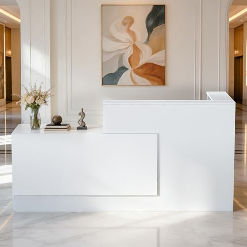 Vakiorn L-förmig Empfangstheke, 180CM x 107CM x 105CM Empfangstresen mit Ablagefächern & Schublade, Reception Desk für Büro, geeignet für Salons, Lobbys (Weiß, Rechter Schrank)