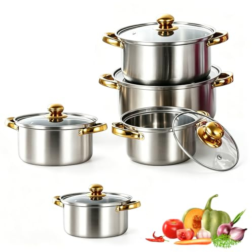 Set di 10 pentole in acciaio inox con coperchio, diametro 18/20/22/24/26 cm