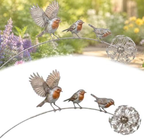 Metall Rotkehlchen Gedenk Gartenornament Skulptur,Metall Gartendeko mit Pusteblumen-Akzent, Rostikale Vogel Gartenfigur für Blumenbeet Terrasse Grabstätte und Gedenkplatz，1PCS