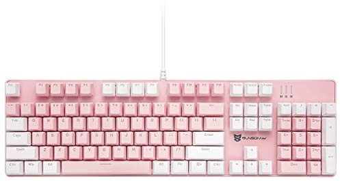 Merdia 104 Keys Full Size Mechanical Keyboard | Blue Switch, Pink & White Color 104 Keys US Layout Led Backlit Hot Swappable Wired Mechanical Light Up Pink Keyboard | Wired Gaming Computer Keyboards