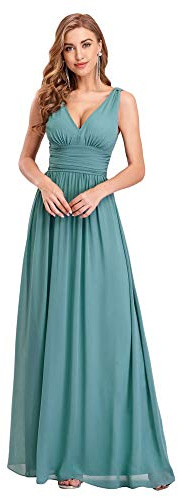 Ever-Pretty Vestito da Cerimonia Donna Linea ad A Stile Impero Chiffon Scollo a V Senza Maniche Abito da Damigella Chic Blu Polveroso 46