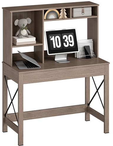 HOMCOM Scrivania per Computer Moderna con Libreria 105x50x137.5cm Marrone | Ripiani Aperti, in Legno, Tavolo Porta PC per Computer, per Ufficio, Studio e Camera da Letto