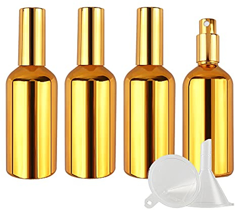 ZEOABSY 4 Stück 100ml UV-Beschichtetes Gold Glas Sprühflaschen & 1 Stück Trichter, 100 ml Leer Glas Nachfüllbar Zerstäuber Sprayflasche Reisen Heim Parfumzerstäuber