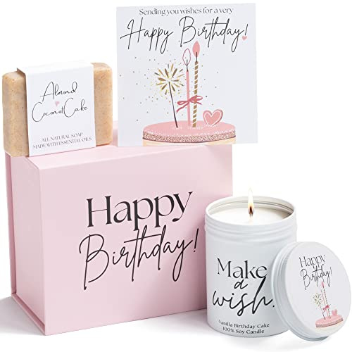 Happy Birthday Box für Frauen | Einzigartige DamenGeburtstagskorb Geschenke für weibliche Freundin Geburtstagsboxen mit Kerze & Seife | Frau Überraschungsgeschenk Pflegepaket Ideen mit lustigen