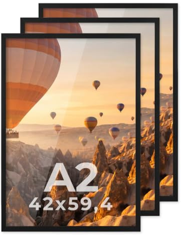 PHOTOLINI Bilderrahmen A2 Schwarz Holz MDF, 3er Set Picture Frame Rahmen 42x59,4 mit bruchsicherem Acrylglas, DIN A2 Bilderrahmen 42x60 zum Aufhängen, mit Zubehör - A 2 Frames für Fotos & Poster