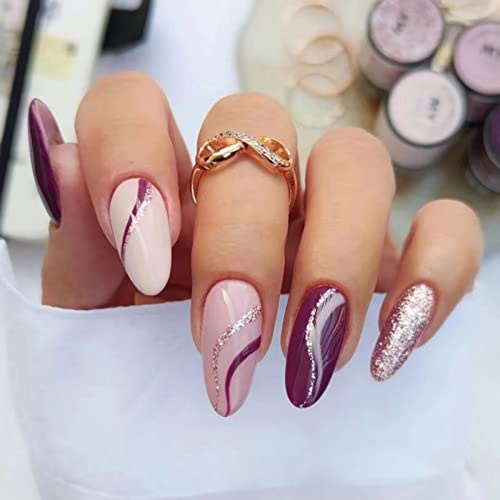 JUSTOTRY 24 Stück Stiletto Nägel Zum Aufkleben Kurz,Plum Red French Künstliche Nägel,Glitter Swirl Mandel Kunstnägel Press on Nails,Acryl Fingernägel Fake Nails Mittel für Frauen