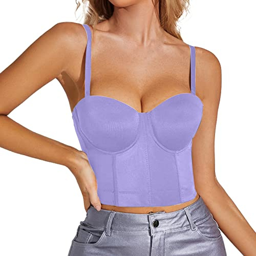 LOIJMK Top Corsetto Donna Bustier Corsetto Top Corsetto Aderente Tank Top Top con Spalline Scollato a Canotta a Maniche Corte con Pizzo, Lilla, XXL