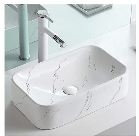 Lavabo da Appoggio Lavandino da Bagno con Struttura in Marmo, Lavabo Rettangolare in Ceramica da 18,9X11,6, Lavabo da Appoggio sopra il Piano in Ceramica Bianca, for Mobile da Lavabo Adatto per i ba
