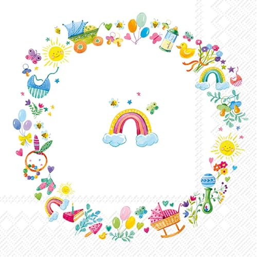 20 Servietten Taufe Regenbogen an Babymotive als Tischdeko. Papierservietten mit Motiv. Auch für Decoupage und Serviettentechnik 33x33cm