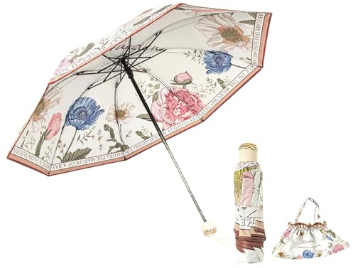 Anopo Kleiner Regenschirm für Regen und Sonne Taschenschirm Sturmfest für Damen mit 8 Rippen Blume Faltbarer Regenschirm UV Schutz mit Organizer Tasche