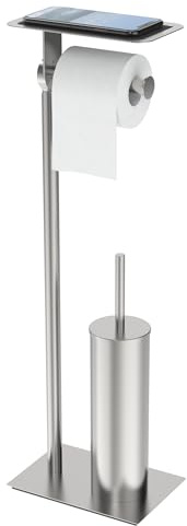WZKALY Toilet Paper Holder Stand, Free Standing Toilet Paper Holder with Shelf for Bathroom, Stainless Steel Brushed Nickel Toilet Tissue Holder with Brush and Holder Set, Weighted Base
