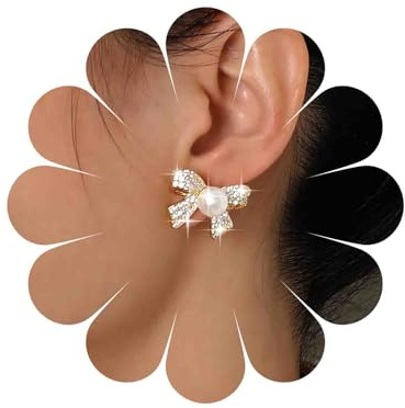 TseenYi Boho Kristall Schleife Perlen Ohrringe Gold Cz Bogen Ohrstecker Ohrringe Funkelnden Strass Bogen Knoten Ohrringe Braut Perle Ohrstecker Hochzeit Ohrringe Schmuck Für Frauen Und Mädchen