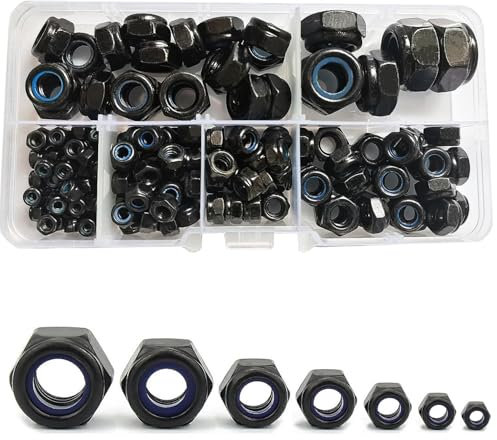 TA-VIGOR 150Pcs Nylon Hex Lock Nuts Assortment Kit, M3 M4 M5 M6 M8 M10 M12 Black Carbon Steel Nylon Insert Self-locking Nuts, Hexagon Threaded Nyloc Nut Set with Storage Box for Bolts Screws