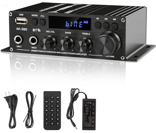JeTuvlie Stereo Amplifier Home Audio Receiver AK-390,AMP Speaker Bluetooth 5.0 Amplifier 400W+400W 2 Channels with 12V/5A Power Amplifier HiFi Amplifier FM Radio,(BT,USB, AUX, Mic)Input for Home Party